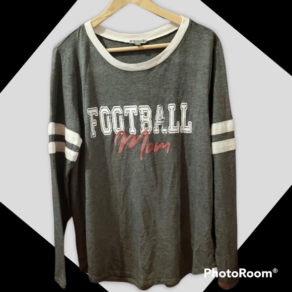 Grey, white, red distressed Football Mom long sleeve ringer tee 1X - Picture 2 of 7